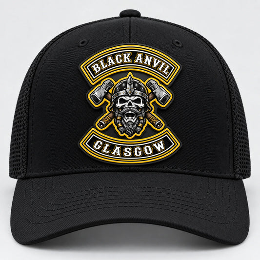 Durable molded PVC motorcycle club logo patch on a black performance cap.