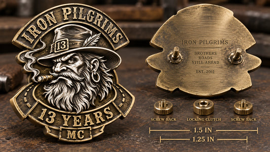 Custom readable badge sizing and secure attachment choices for riding vests. rendered as a logo-derived white copper and brass anniversary badge.