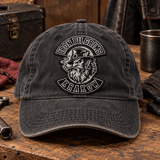 woven patch motorcycle club vintage dad hat with an authorized club logo.