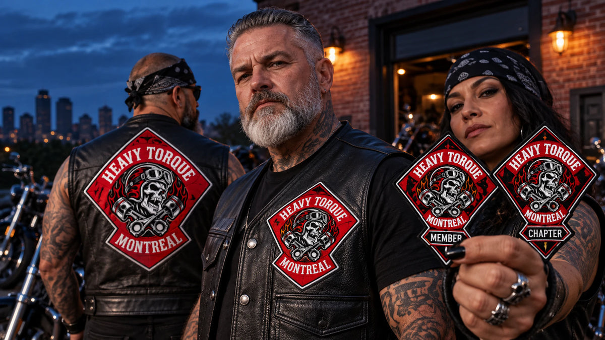 Mature motorcycle club riders wearing coordinated custom diamond patches outside a brick clubhouse.