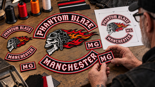 Patch designer reviewing diamond proportions, thread colors and border samples at a design desk for a motorcycle club.