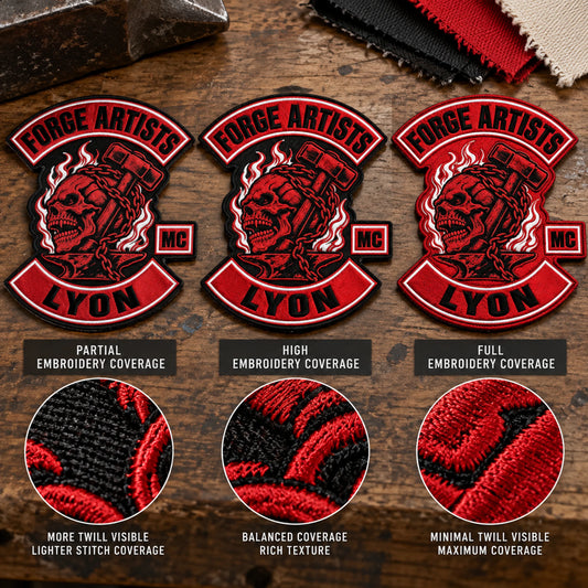 Three diamond patch samples comparing partial, high and full embroidery coverage for a motorcycle club.