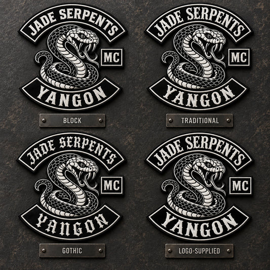 Four fictional diamond patches demonstrating different embroidered lettering styles for a motorcycle club.