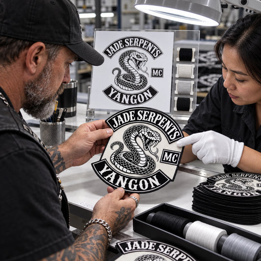 Club representative and technician inspecting a custom diamond patch sample under bright light.
