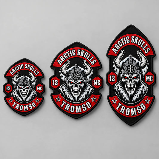 Three custom diamond patch proportions arranged together on a neutral studio surface for a motorcycle club.