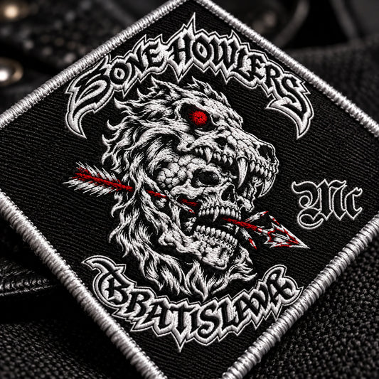 Macro view of dense raised embroidery and a finished border on a diamond patch for a motorcycle club.