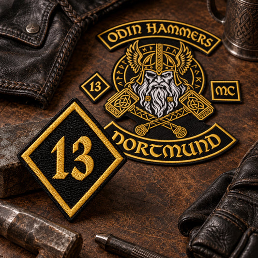 Vintage-style embroidered diamond patch displaying a fictional founding year on leather for a motorcycle club.