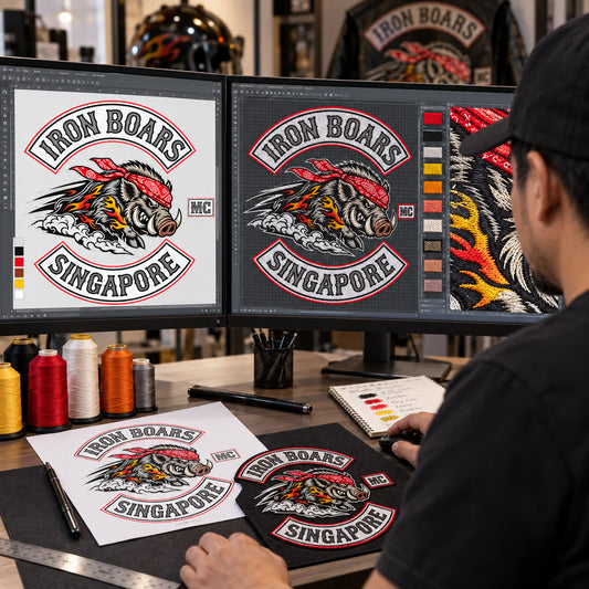 Patch designer preparing a fictional diamond patch proof and embroidery stitch map for a motorcycle club.