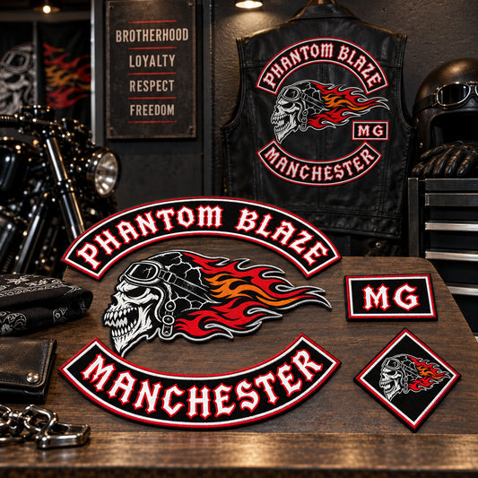Coordinated diamond patch, rocker, name bar and center patch samples on an inspection wall for a motorcycle club.