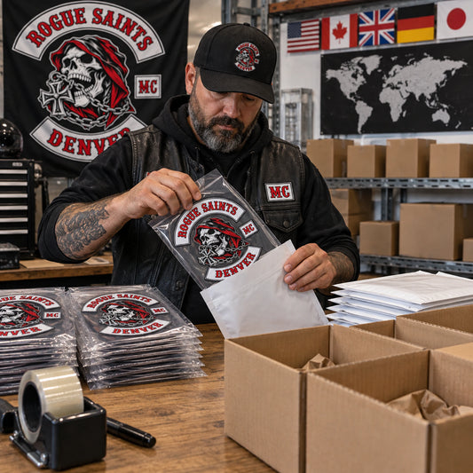 Matching diamond patch reorder packets being prepared for worldwide club shipping.