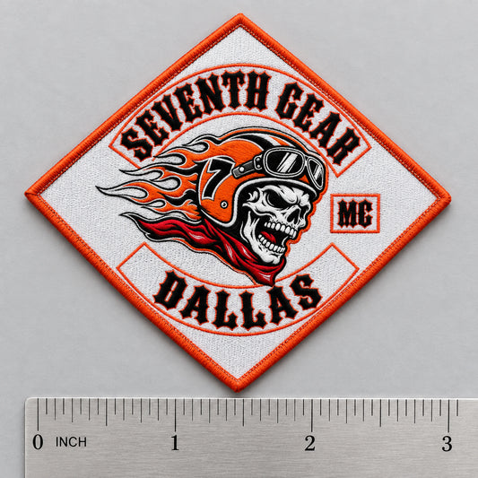 Three-inch embroidered diamond patch with a fictional chapter code shown at true scale for a motorcycle club.