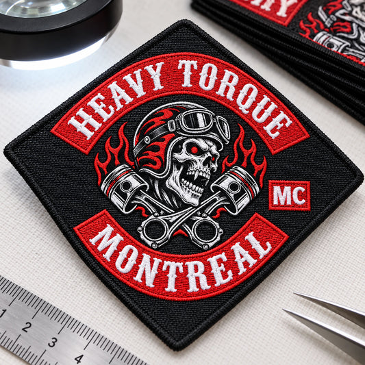 Close view of a woven diamond patch showing fine lines and compact fictional lettering for a motorcycle club.