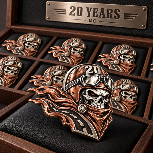 Custom one official badge for every club member. rendered as a logo-derived 925 sterling silver and red copper anniversary badge.