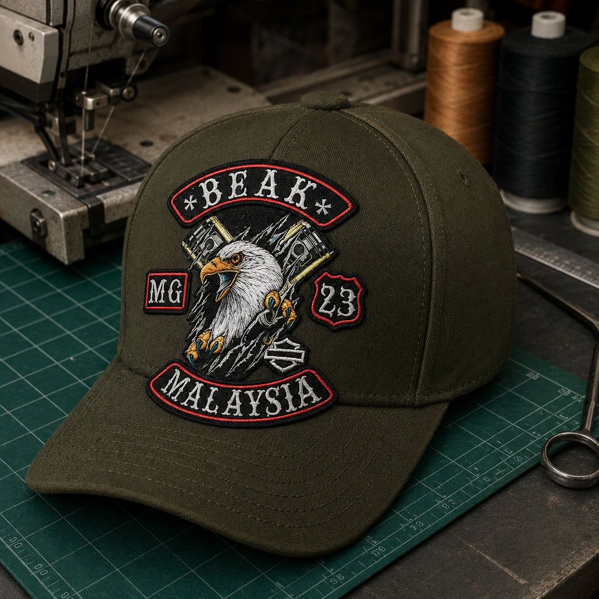 伝統的な刺繍が施されたモーターサイクルクラブのパッチが、オリーブ色のカーブしたつばのキャップに縫い付けられている。