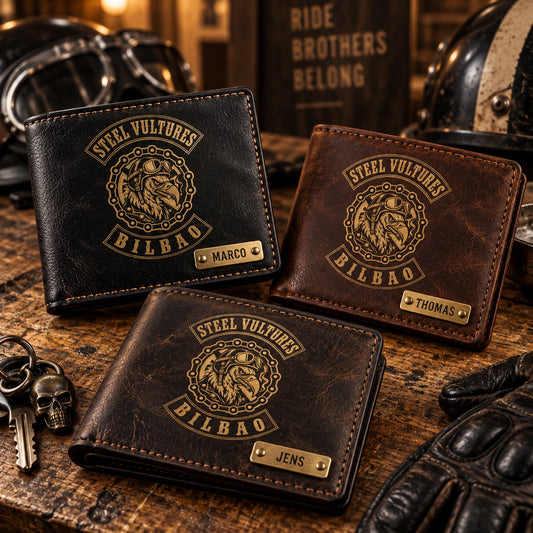 Personalized Steel Vultures Bilbao motorcycle club member wallets with antique-gold foil emblems and engraved nameplates.