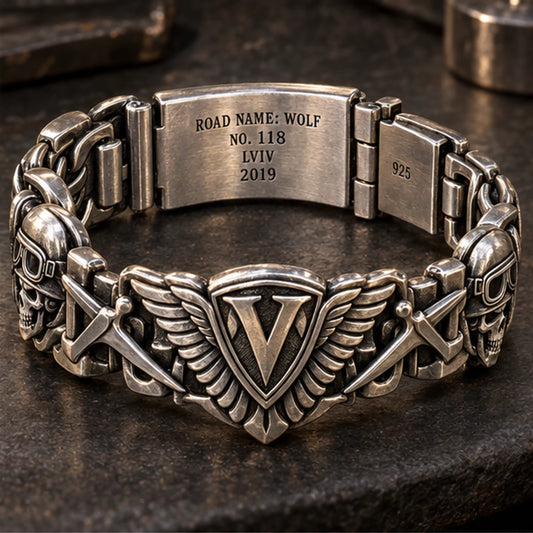 Valor Riders Lviv bracelet opened to show road name member number location and year engraved inside