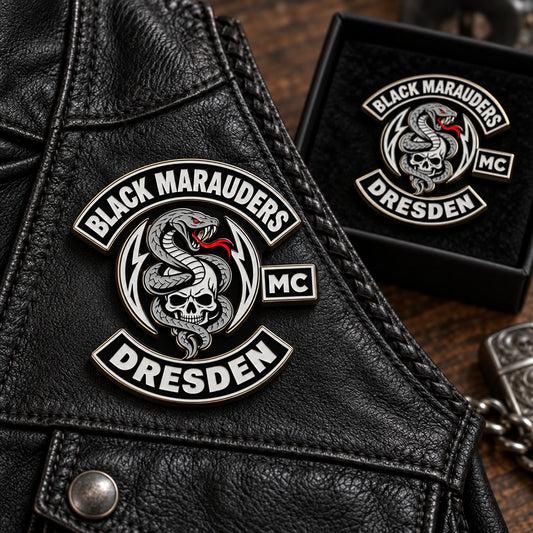 Black Marauders Dresden primary club emblem made as a consistent member presentation enamel pin.