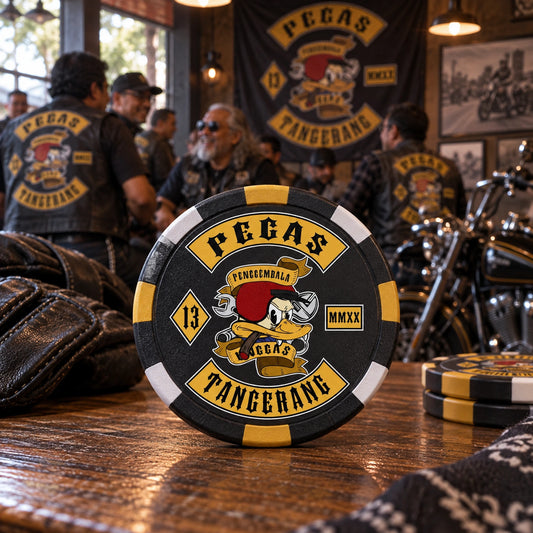 Members sharing solid custom anniversary chips at a motorcycle clubhouse gathering.