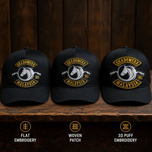 Three custom motorcycle club cap samples comparing embroidery and patch finishes using one authorized logo.