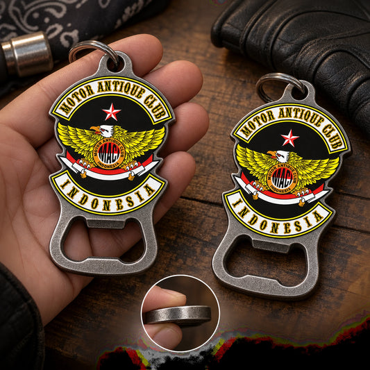 Front and back views of one solid custom motorcycle club bottle opener.