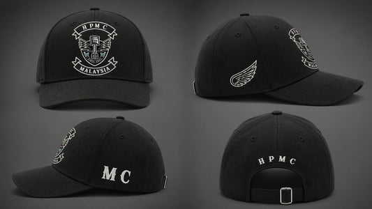 Four views of a motorcycle club cap showing authorized logo placement on the front, sides and back.