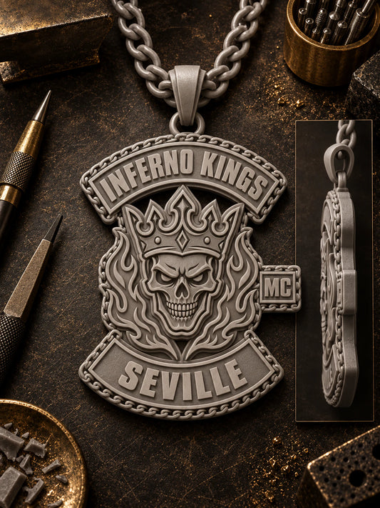 Inferno Kings Seville motorcycle club pendant prototype with a unified body, movable bail and matching chain.