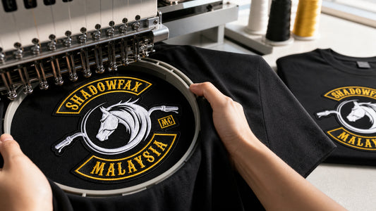 Premium embroidered Shadowfax MC Malaysia chest detail on a short-sleeve motorcycle club T-shirt.