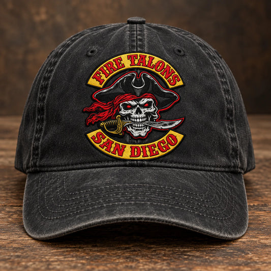 front logo motorcycle club vintage dad hat with an authorized club logo.