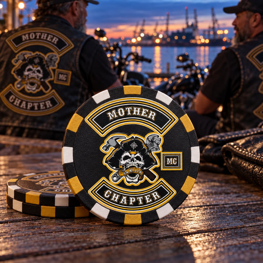 Visiting motorcycle chapters exchanging solid custom trading poker chips.