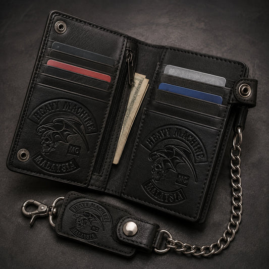 Open motorcycle club biker wallet with an authorized exterior logo and organized card slots.