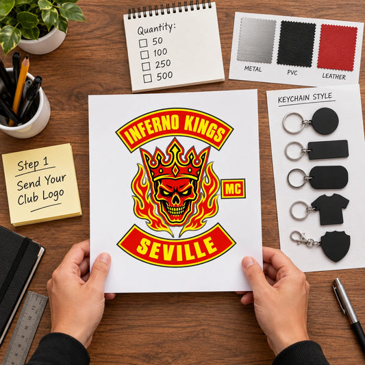 Authorized motorcycle club logo and keychain style references arranged for a custom design request.
