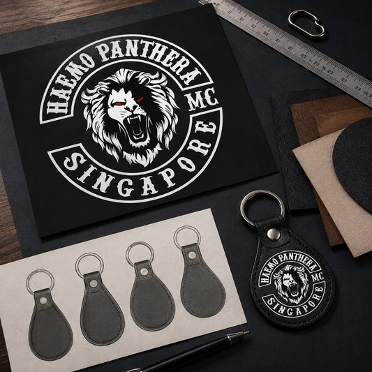 Authorized motorcycle club logo and keychain style references arranged for a custom design request.