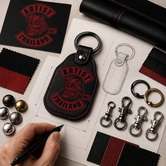 Custom motorcycle club keychain design support with material swatches and an authorized logo reference.