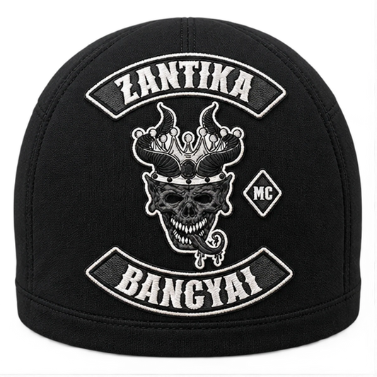 Embroidery custom motorcycle club skull cap with an approved full-coverage club design.