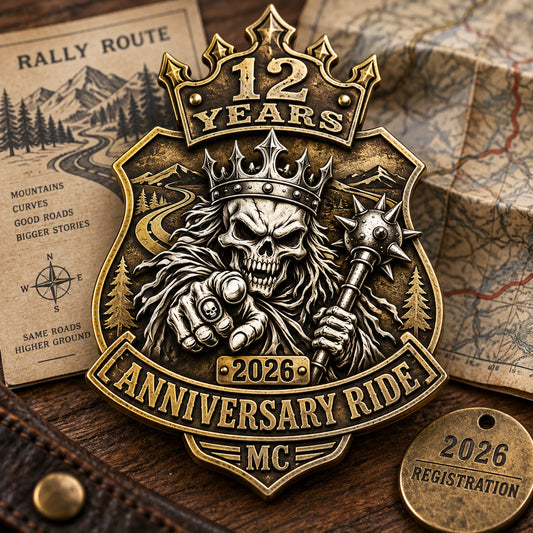 Custom a dated pin for an anniversary ride or rally. rendered as a logo-derived brass and 925 sterling silver anniversary badge.