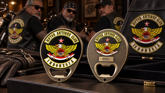 Numbered solid motorcycle club bottle opener editions displayed in a dark presentation case.