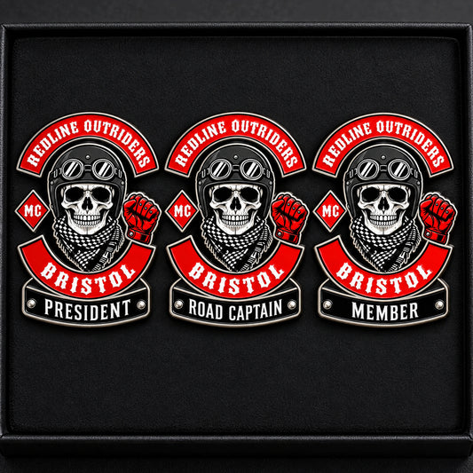 Redline Outriders motorcycle club enamel pins prepared as President, Road Captain and Member versions.