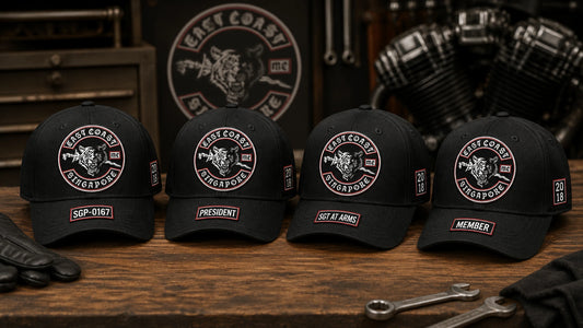 Personalized motorcycle club caps with an authorized logo and coordinated chapter and member details.