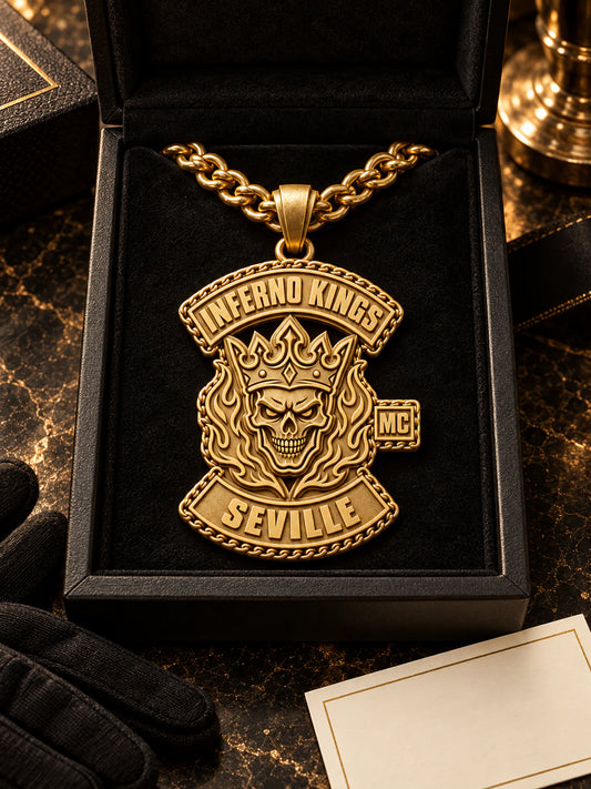 Finished solid 18K gold Inferno Kings Seville motorcycle club pendant and chain in a presentation case.