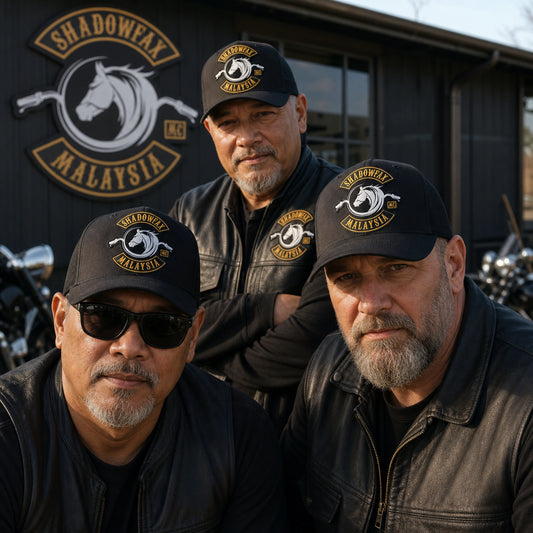 Motorcycle club members wearing matching custom caps with an authorized club logo.