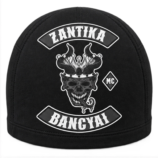 Screen Printing custom motorcycle club skull cap with an approved full-coverage club design.