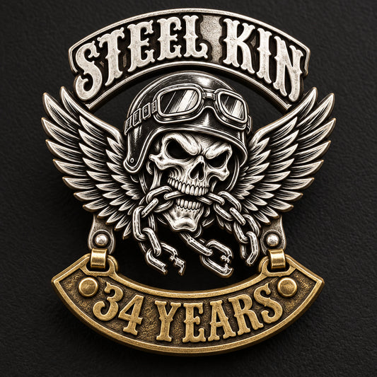 Custom a coordinated main pin and anniversary rocker set. rendered as a logo-derived 925 sterling silver and brass anniversary badge.