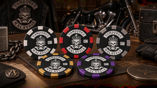 Coordinated solid motorcycle club poker chip collection for chapters, an anniversary and a rally.