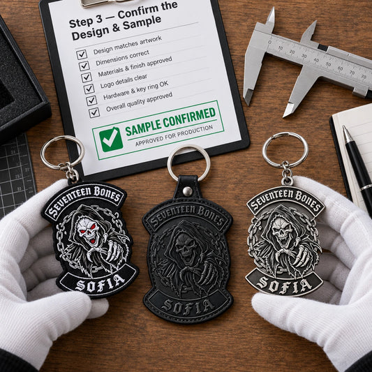 Custom motorcycle club keychain samples with an authorized logo being compared before production approval.