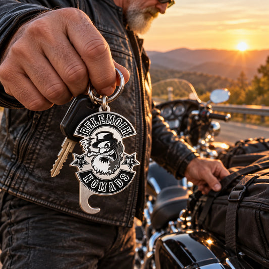 Solid motorcycle club bottle opener attached to a touring rider’s keys.