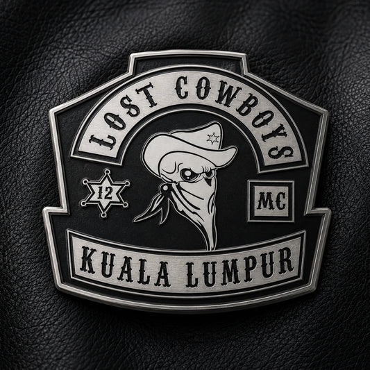 Motorcycle club anniversary enamel pin; non-circular anniversary plaque shape with a solid one-piece metal backplate.