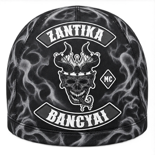 Sublimation Printing custom motorcycle club skull cap with an approved full-coverage club design.