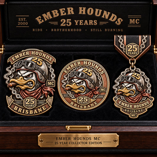 Custom a complete collector presentation with badge, coin and medal. rendered as a logo-derived red copper and 18k gold and white copper anniversary badge.