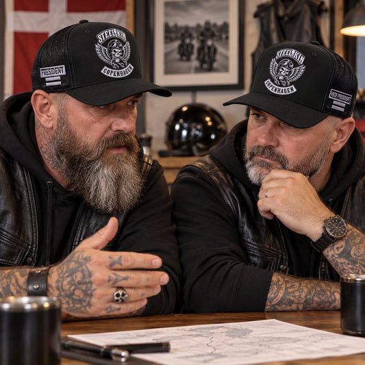 Chapter officers wearing coordinated motorcycle club caps with an authorized club emblem.