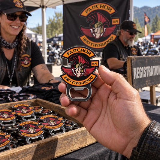 Solid custom bottle openers arranged for motorcycle rally welcome packs.